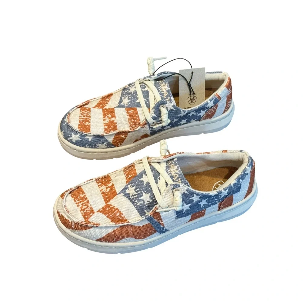 Ariat Hilo Women Distressed Flag Canvas Slip On Loafers Red White Blue Size  NIB